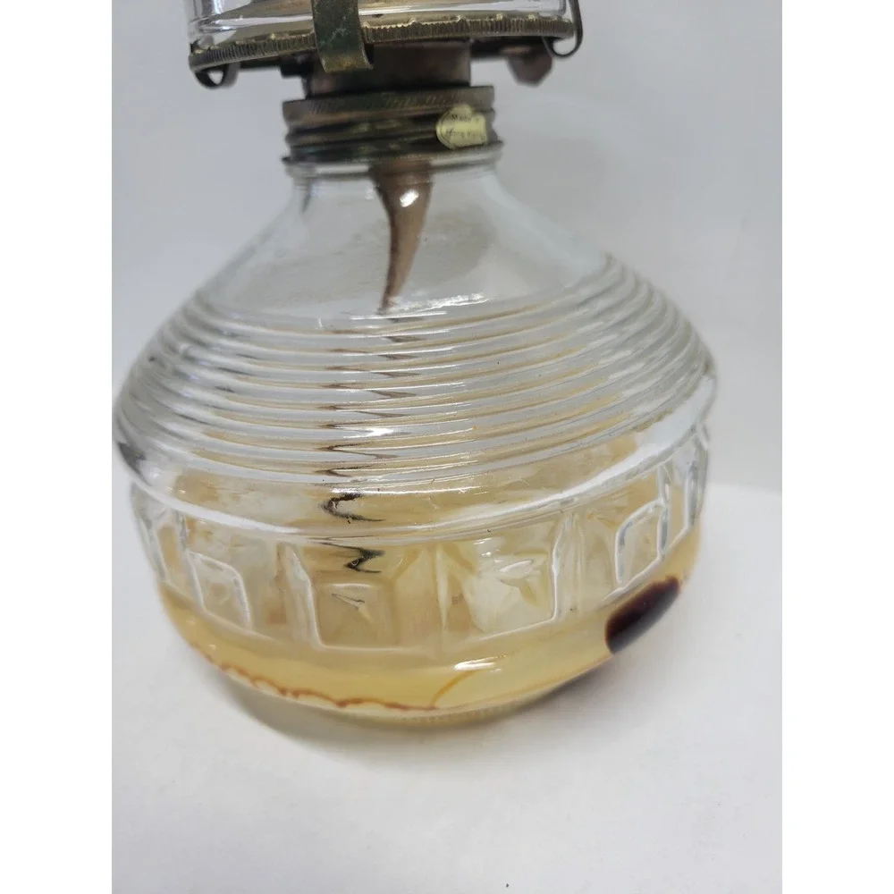 Vintage Clear Glass Oil Lamp Ribbed Geometric Base‎ Hurricane Chimney 13.5 Inch